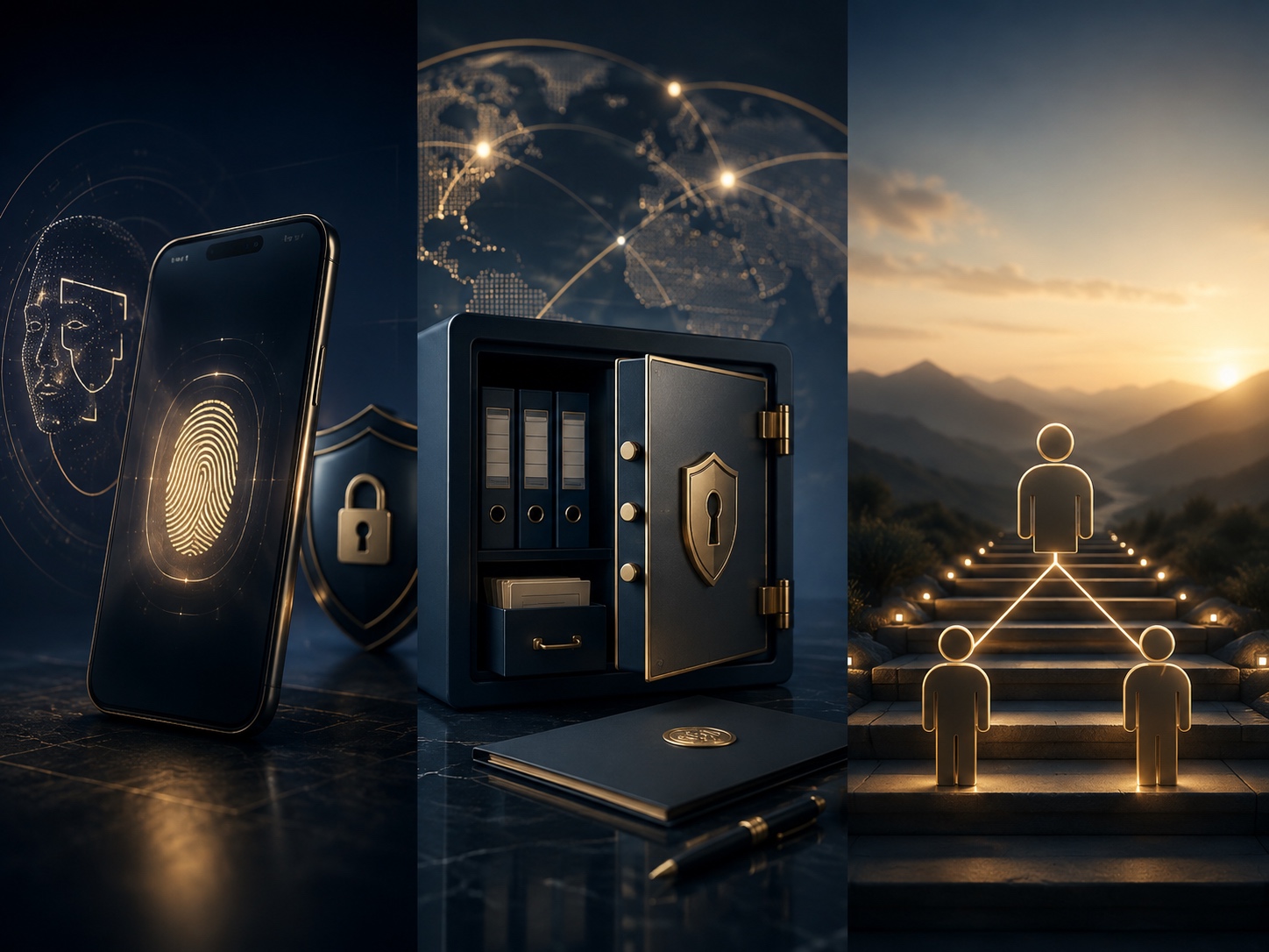 Biometric authentication, a secured vault of records, and figures ascending lit steps